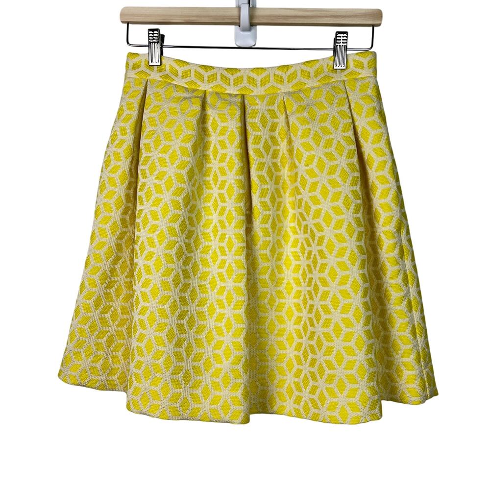 Hutch For Anthropologie Yellow and White Jacquard Box Pleat Skirt A line Size 4
